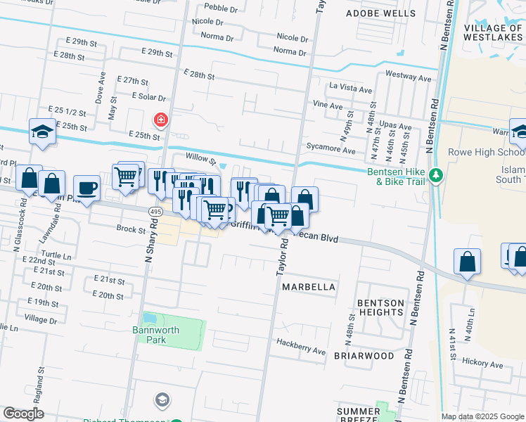 map of restaurants, bars, coffee shops, grocery stores, and more near 2805 Mimosa Street in Mission