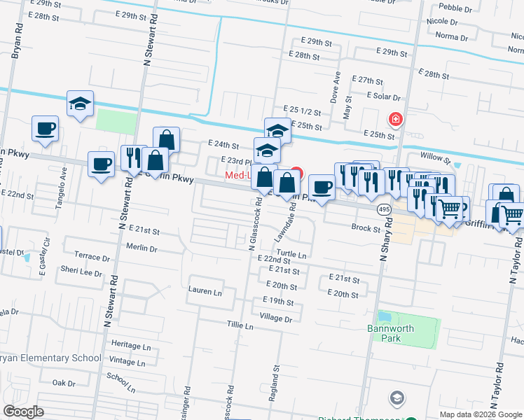 map of restaurants, bars, coffee shops, grocery stores, and more near 1925 North Glasscock Road in Mission