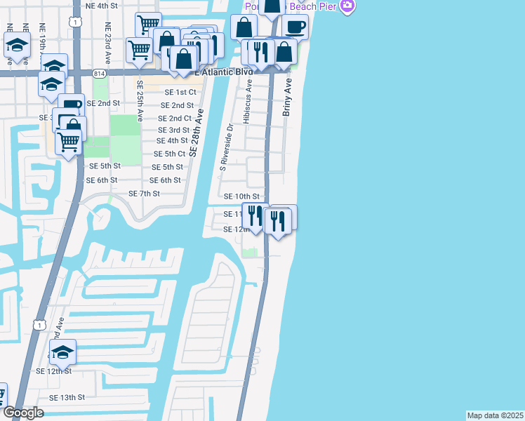 map of restaurants, bars, coffee shops, grocery stores, and more near 1010 Florida A1A in Pompano Beach