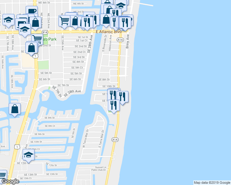 map of restaurants, bars, coffee shops, grocery stores, and more near 1010 Florida A1A in Pompano Beach