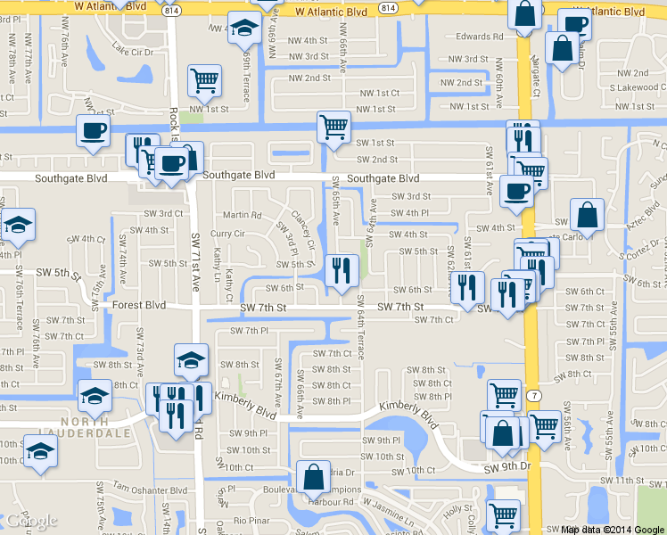 map of restaurants, bars, coffee shops, grocery stores, and more near 419 Southwest 65th Avenue in Margate