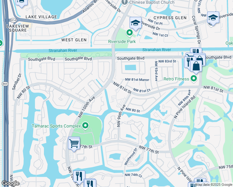 map of restaurants, bars, coffee shops, grocery stores, and more near 8040 Northwest 96th Terrace in Tamarac
