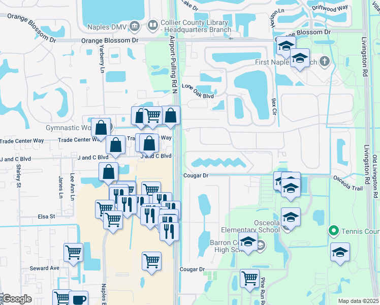 map of restaurants, bars, coffee shops, grocery stores, and more near 13359 Silktail Drive in Naples