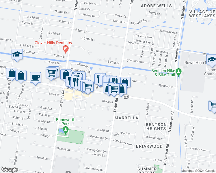 map of restaurants, bars, coffee shops, grocery stores, and more near 2805 Mimosa Street in Mission