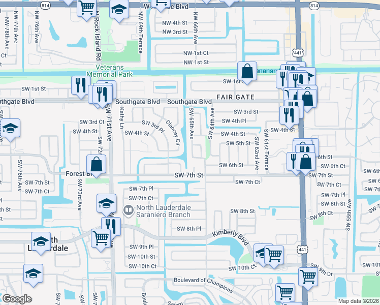 map of restaurants, bars, coffee shops, grocery stores, and more near 427 Southwest 65th Avenue in Margate