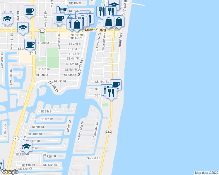 map of restaurants, bars, coffee shops, grocery stores, and more near 1010 Florida A1A in Pompano Beach