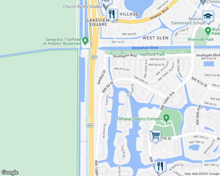 map of restaurants, bars, coffee shops, grocery stores, and more near 7894 Trent Drive in Tamarac