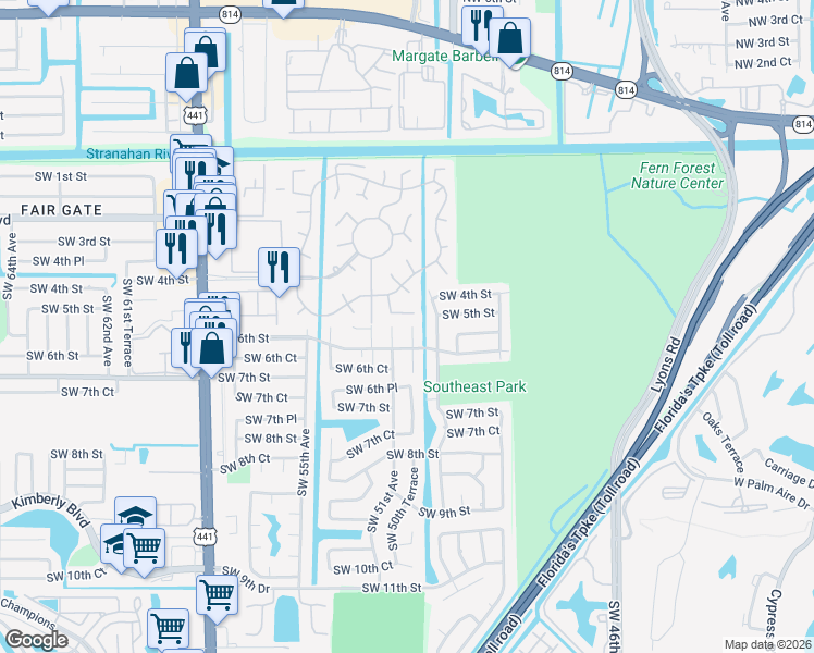 map of restaurants, bars, coffee shops, grocery stores, and more near 561 Southwest 50th Terrace in Margate