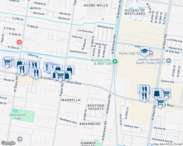 map of restaurants, bars, coffee shops, grocery stores, and more near 4713 Quince Avenue in McAllen