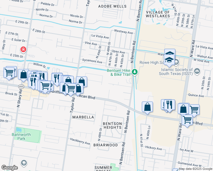 map of restaurants, bars, coffee shops, grocery stores, and more near 4717 Quince Avenue in McAllen