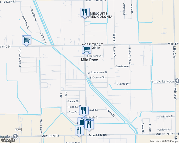 map of restaurants, bars, coffee shops, grocery stores, and more near 3419 La Chuparosa Street in Mercedes