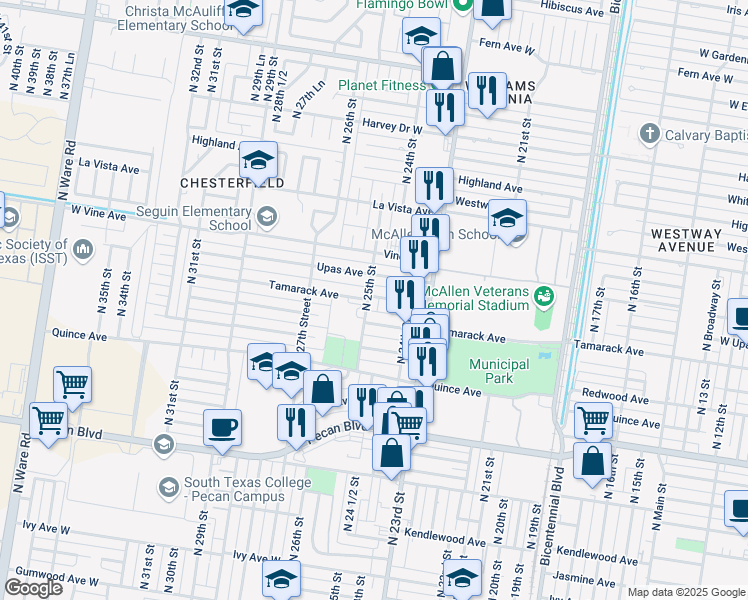 map of restaurants, bars, coffee shops, grocery stores, and more near 2416 Tamarack Avenue in McAllen