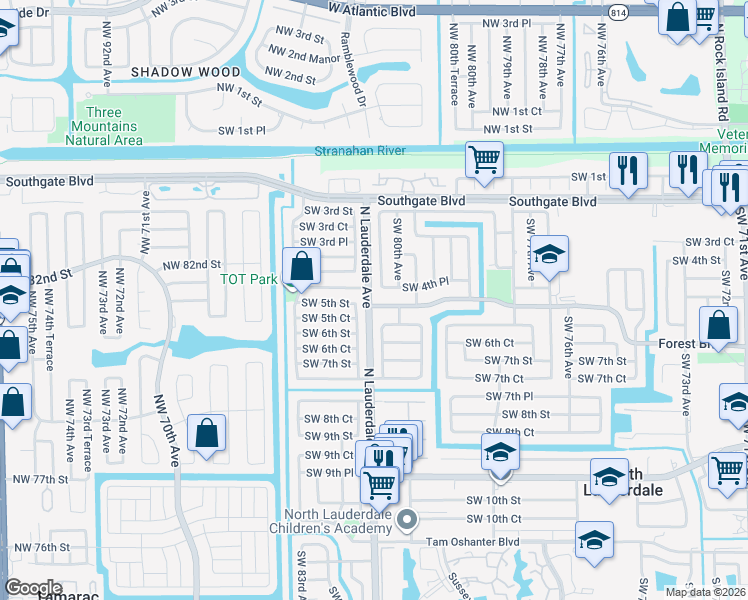 map of restaurants, bars, coffee shops, grocery stores, and more near 8019 Southwest 5th Street in North Lauderdale