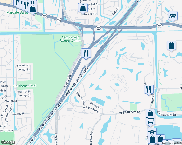 map of restaurants, bars, coffee shops, grocery stores, and more near 677 West Palm Aire Drive in Pompano Beach