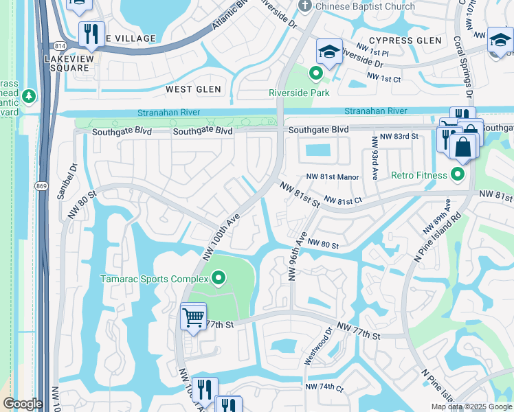 map of restaurants, bars, coffee shops, grocery stores, and more near 8070 North Nob Hill Road in Tamarac