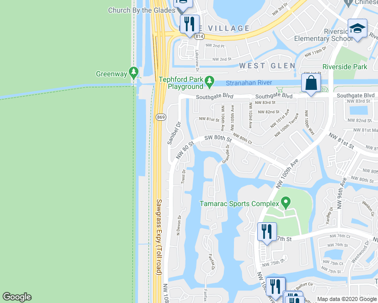 map of restaurants, bars, coffee shops, grocery stores, and more near 7894 Trent Drive in Tamarac