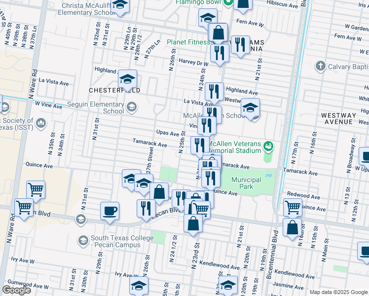 map of restaurants, bars, coffee shops, grocery stores, and more near 2416 Tamarack Avenue in McAllen