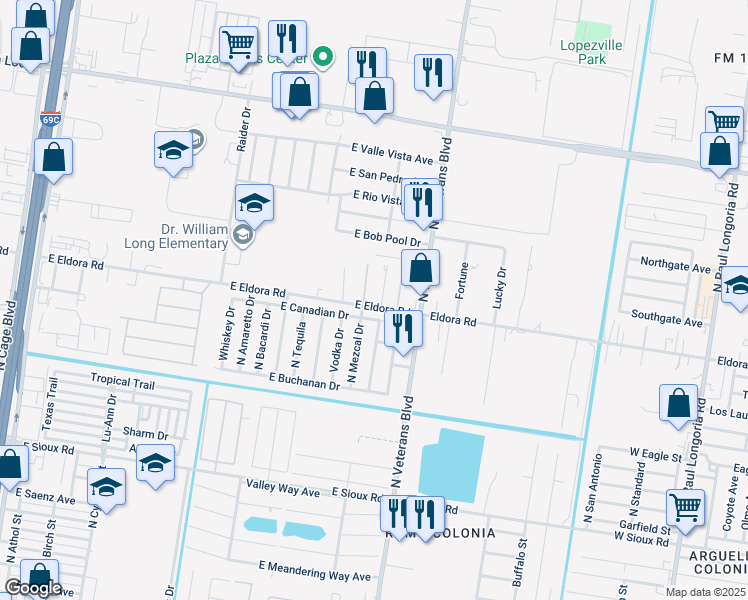 map of restaurants, bars, coffee shops, grocery stores, and more near 717 East Eldora Road in Pharr