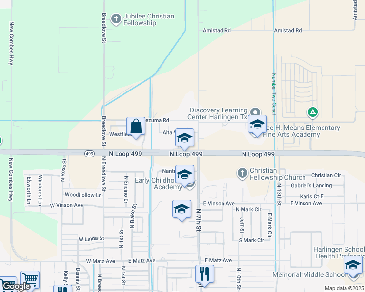 map of restaurants, bars, coffee shops, grocery stores, and more near 613 Texas 499 Loop in Harlingen