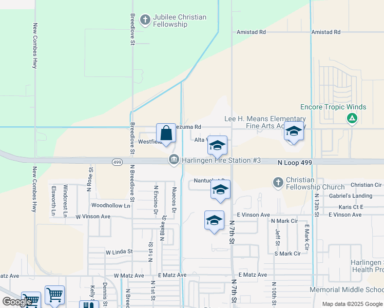 map of restaurants, bars, coffee shops, grocery stores, and more near 513 Highway 499 Loop in Harlingen