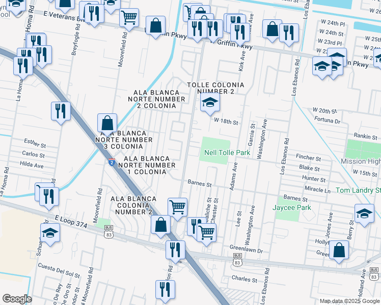 map of restaurants, bars, coffee shops, grocery stores, and more near 1600 North Inspiration Road in Mission