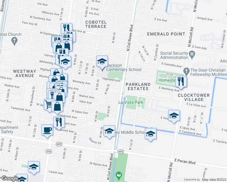 map of restaurants, bars, coffee shops, grocery stores, and more near 200 East La Vista Avenue in McAllen