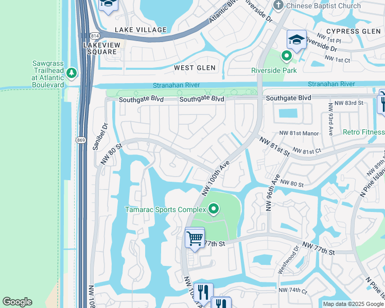 map of restaurants, bars, coffee shops, grocery stores, and more near 8002 Northwest 102nd Lane in Tamarac