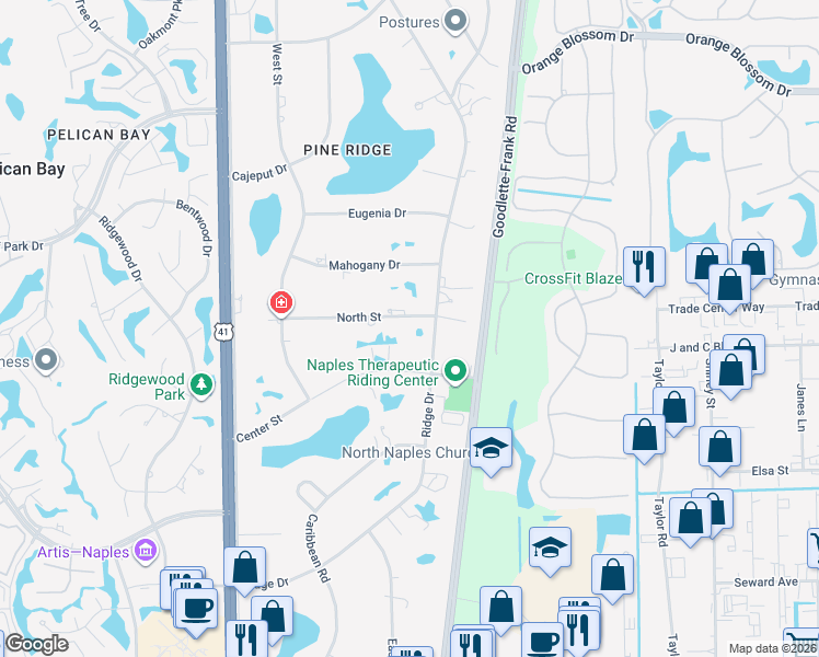 map of restaurants, bars, coffee shops, grocery stores, and more near 186 North Street in Naples