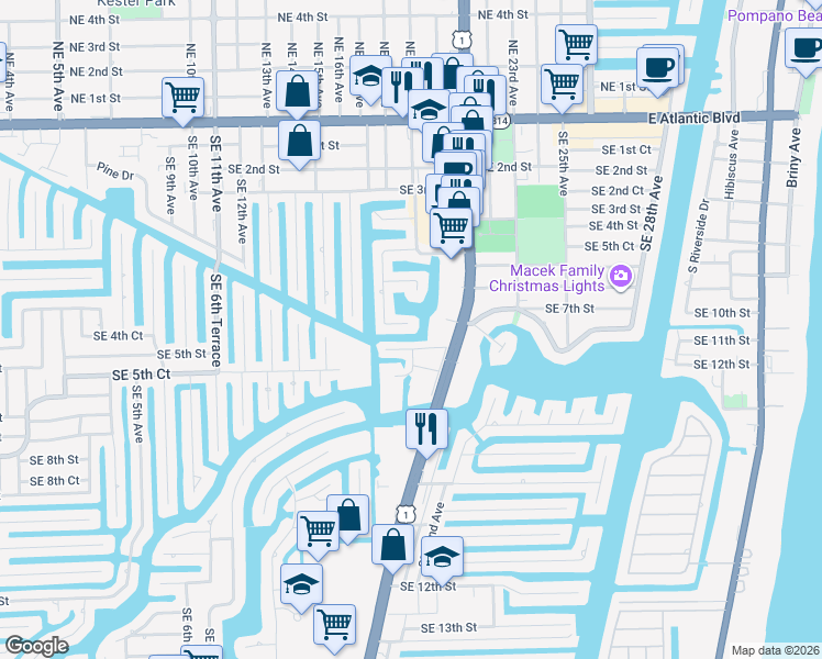 map of restaurants, bars, coffee shops, grocery stores, and more near 1860 Southeast 7th Street in Pompano Beach
