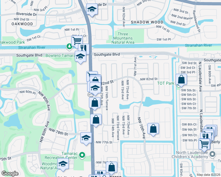 map of restaurants, bars, coffee shops, grocery stores, and more near 8111 Northwest 74th Avenue in Tamarac