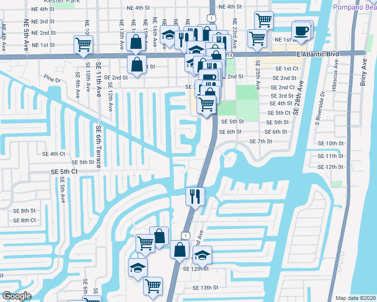 map of restaurants, bars, coffee shops, grocery stores, and more near 1860 Southeast 7th Street in Pompano Beach