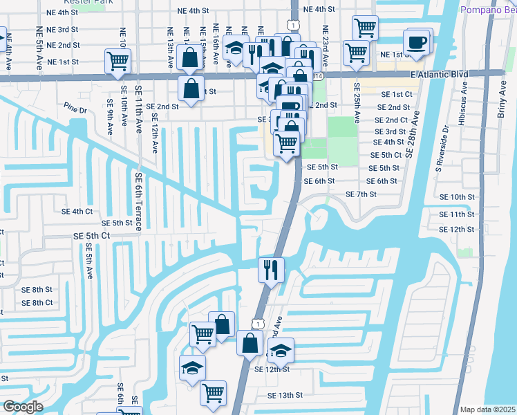 map of restaurants, bars, coffee shops, grocery stores, and more near 1860 Southeast 7th Street in Pompano Beach