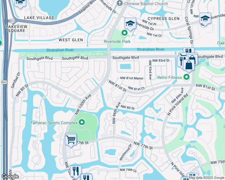 map of restaurants, bars, coffee shops, grocery stores, and more near 8040 Northwest 96th Terrace in Tamarac
