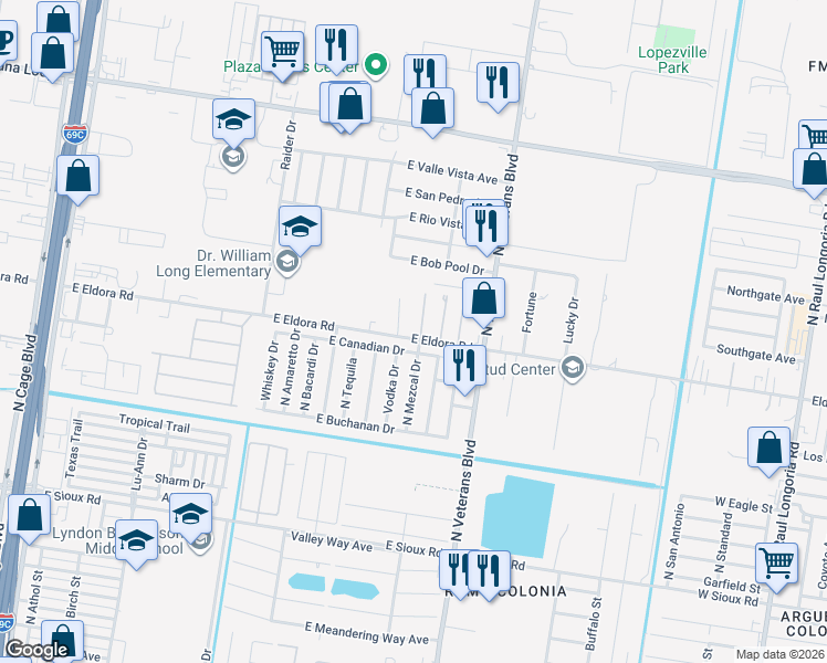 map of restaurants, bars, coffee shops, grocery stores, and more near 717 East Eldora Road in Pharr