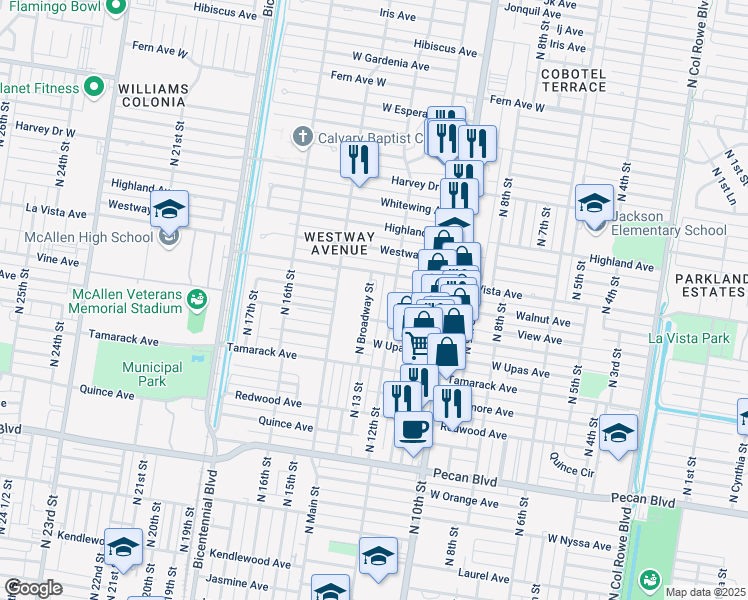 map of restaurants, bars, coffee shops, grocery stores, and more near 2301 North 12th Street in McAllen
