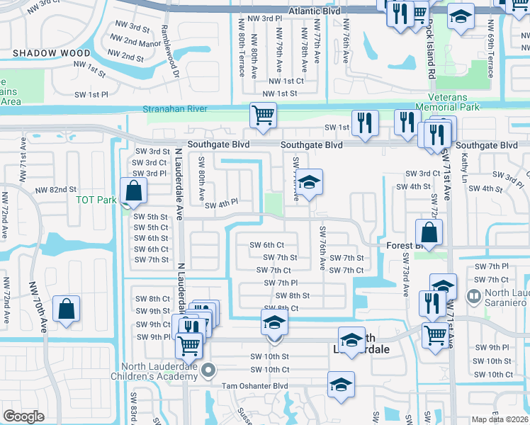 map of restaurants, bars, coffee shops, grocery stores, and more near 7801 Southwest 5th Street in North Lauderdale