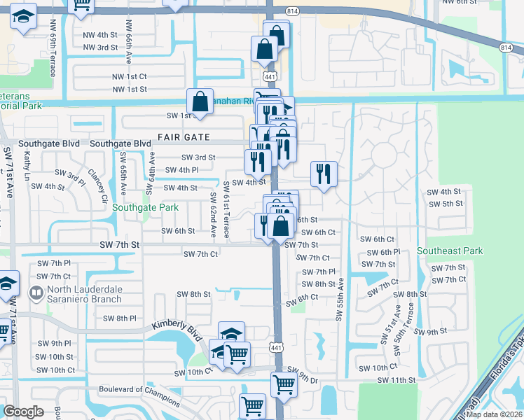 map of restaurants, bars, coffee shops, grocery stores, and more near 541 Florida 7 in Margate