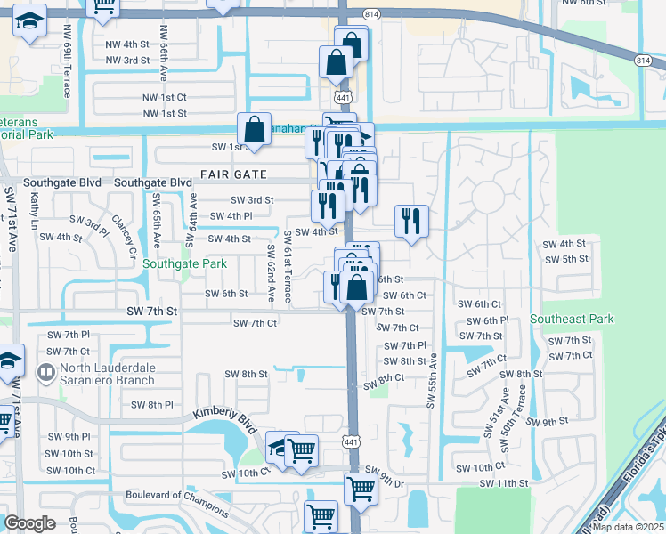 map of restaurants, bars, coffee shops, grocery stores, and more near 541 Florida 7 in Margate