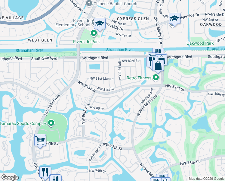 map of restaurants, bars, coffee shops, grocery stores, and more near 9312 Northwest 81st Court in Tamarac