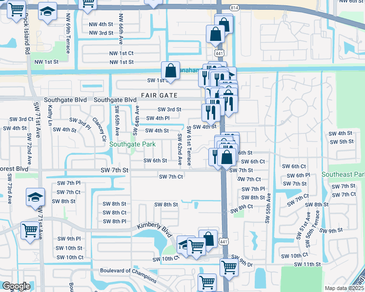 map of restaurants, bars, coffee shops, grocery stores, and more near 520 Southwest 62nd Avenue in Margate