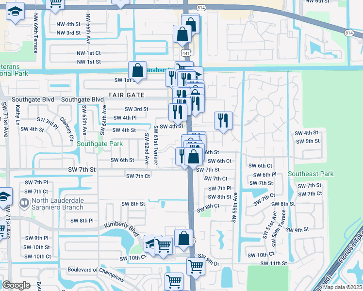map of restaurants, bars, coffee shops, grocery stores, and more near 541 South State Road 7 in Margate