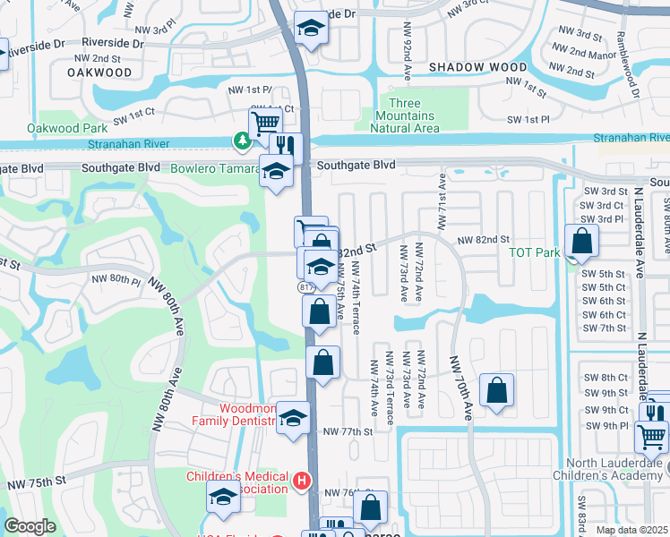 map of restaurants, bars, coffee shops, grocery stores, and more near 8113 Northwest 75th Avenue in Tamarac