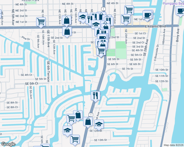 map of restaurants, bars, coffee shops, grocery stores, and more near 1860 Southeast 7th Street in Pompano Beach