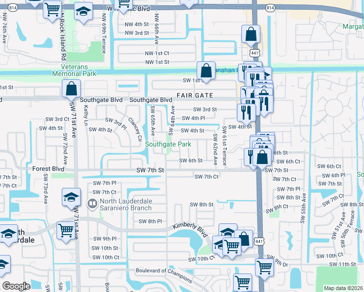 map of restaurants, bars, coffee shops, grocery stores, and more near 510 Southwest 63rd Terrace in Margate