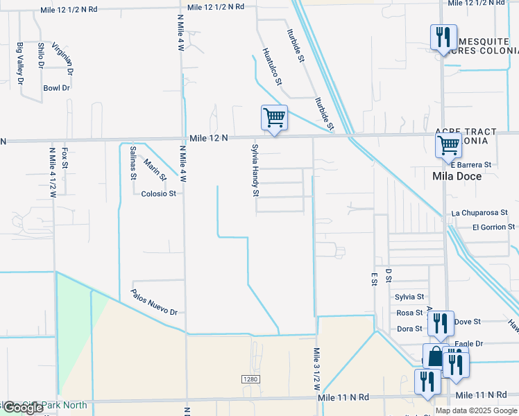 map of restaurants, bars, coffee shops, grocery stores, and more near 2102 George Washington Street in Weslaco