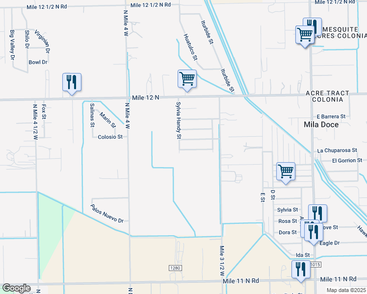 map of restaurants, bars, coffee shops, grocery stores, and more near 2102 George Washington Street in Weslaco