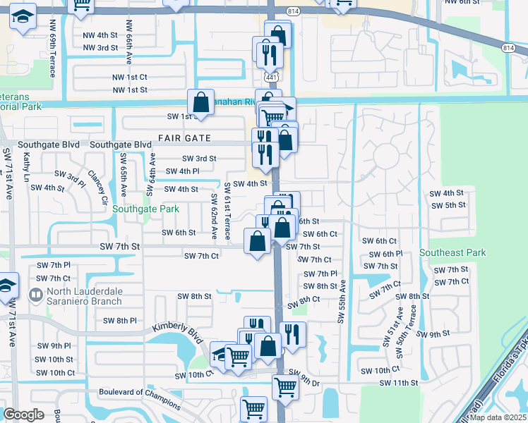 map of restaurants, bars, coffee shops, grocery stores, and more near 541 South State Road 7 in Margate