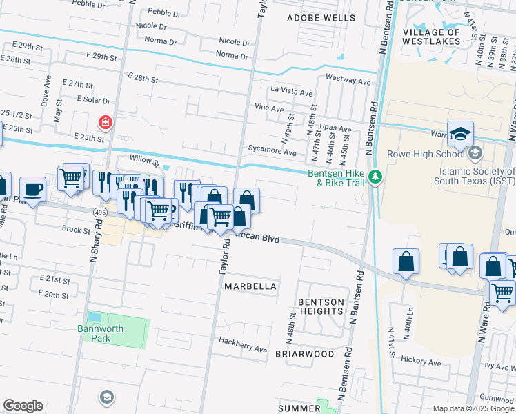 map of restaurants, bars, coffee shops, grocery stores, and more near 5017 Quince Avenue in McAllen