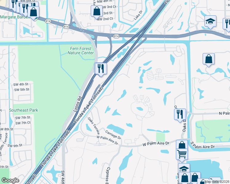 map of restaurants, bars, coffee shops, grocery stores, and more near 616 West Palm Aire Drive in Pompano Beach