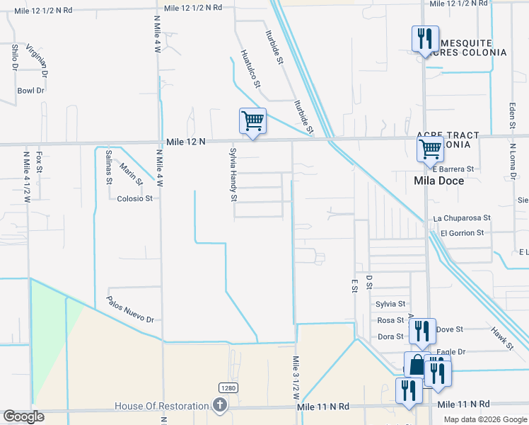 map of restaurants, bars, coffee shops, grocery stores, and more near 2306 George Washington Street in Weslaco